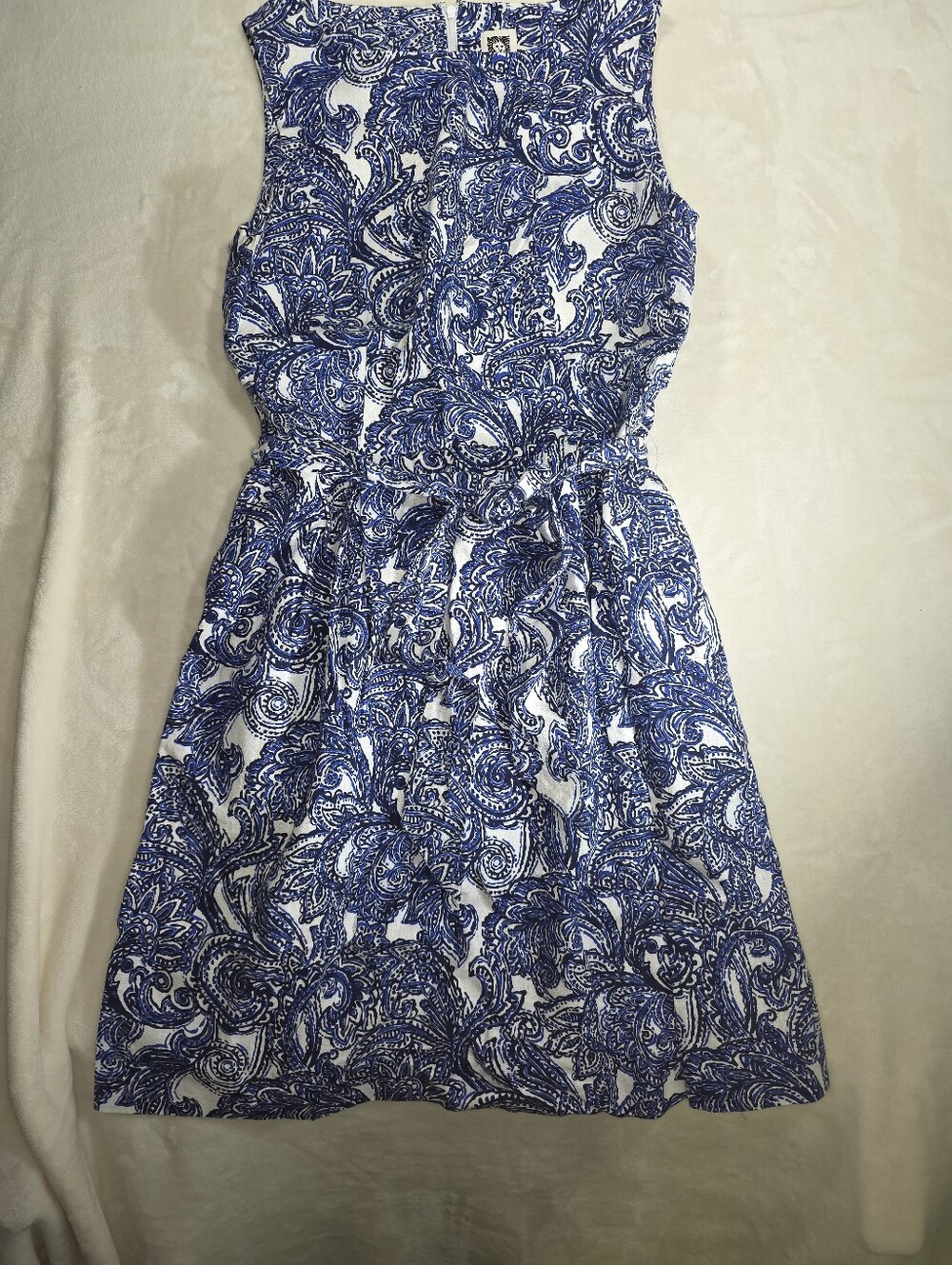 Anne Klein Linen Blend Paisley Fit & Flare Dress Blue White Sleeveless Pockets